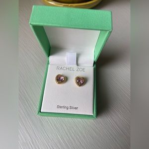 NWT Rachel Zoe 18K Gold/Sterling Silver Lilac Pink CZ Heart Cable Stud Earrings